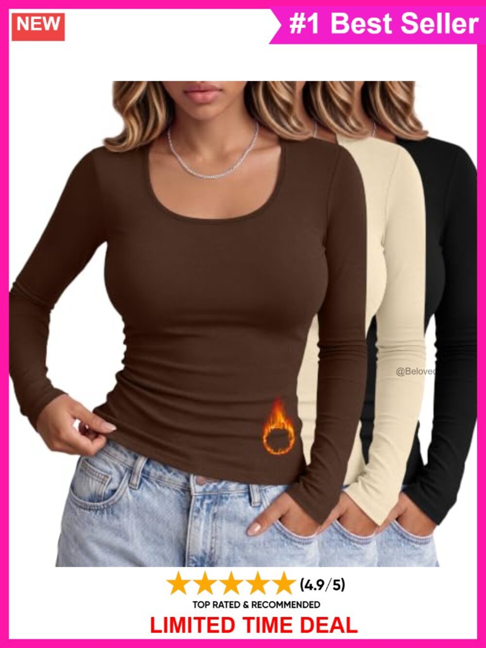 Women's Thermal Long Sleeve Scoop Neck Shirts Fleece Lined Slim Fit 3 Pack
